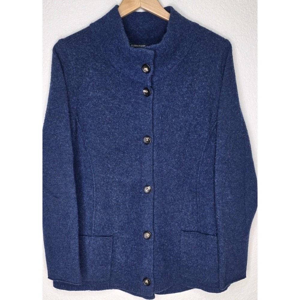 Eileen Fisher Blue Lambswool Cashmere Sweater Front Buttons Pockets Cardigan Lrg